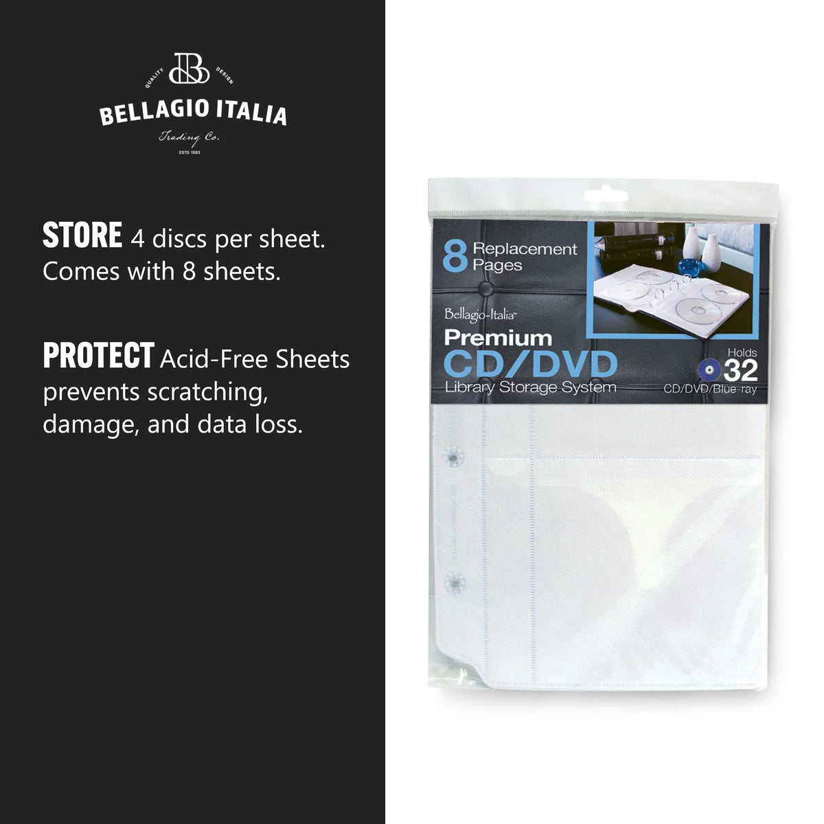 '- & Holds - Storage Acid-Free Sheets Sheets Bellagio-Italia DVDs, Video CDs, Insert 48 6 Blu-Rays Binder Binder for - Sheets Organizer CD/DVD Games Pack -