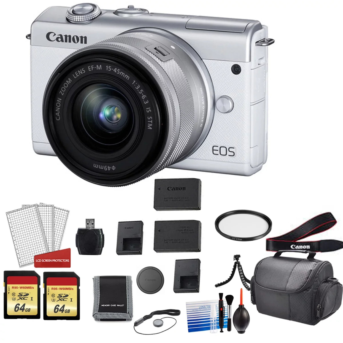 '+ + Canon Lens Spare More Kit EOS Camera Digital Memory with 15-45mm with Battery M200 Mirrorless (White) Card 128GB