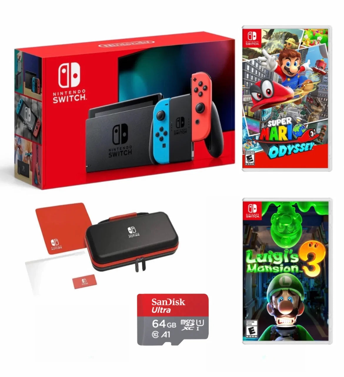 '+ Switch Neon Switch Blue Odyssey + with - Mansion Red Nintendo Luigi's Neon with MicroSD 3 + & 64GB Console Case Mario Card Bundle Super Carrying Joy-Con